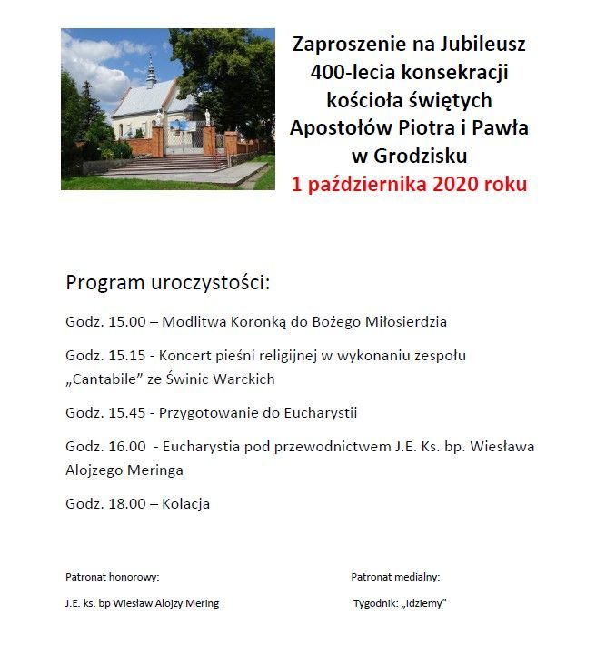 Jubileusz 400-lecia konsekracji kościoła w Grodzisku (zaproszenie)