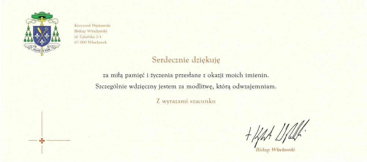 Podziękowania Biskupa Włocławskiego za życzenia imieninowe