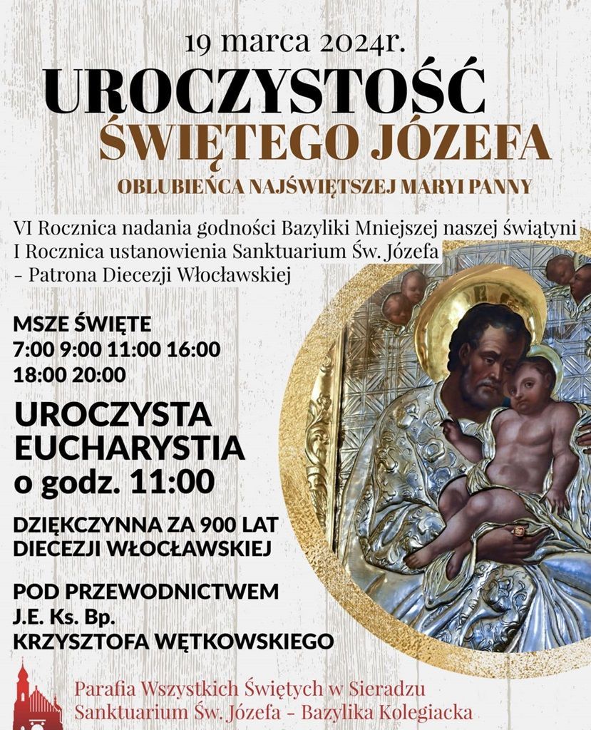 I rocznica ustanowienia sanktuarium św. Józefa, Patrona Diecezji Włocławskiej, w Sieradzu (zapowiedź)