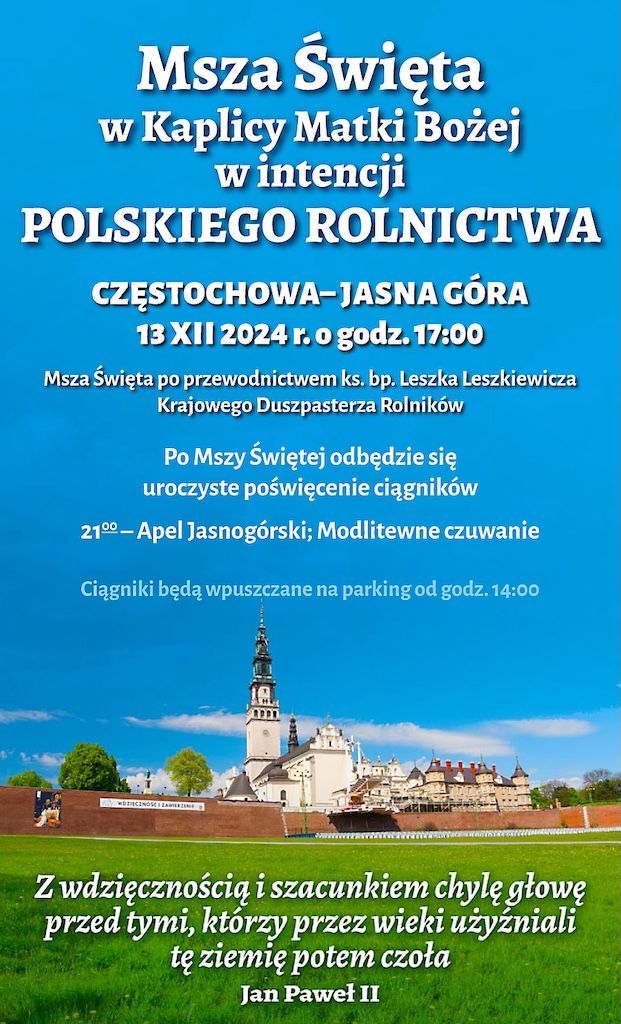 Jasna Góra: Msza Św. w intencji polskiego rolnictwa (zaproszenie)