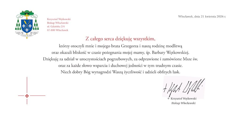 Podziękowanie za okazane wsparcie i modlitwę po śmierci śp. Barbary Wętkowskiej